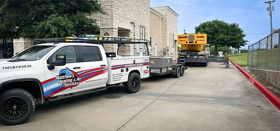 Matthews Heating & Air Services arrive to a customer's jobsite, ready to install an HVAC.